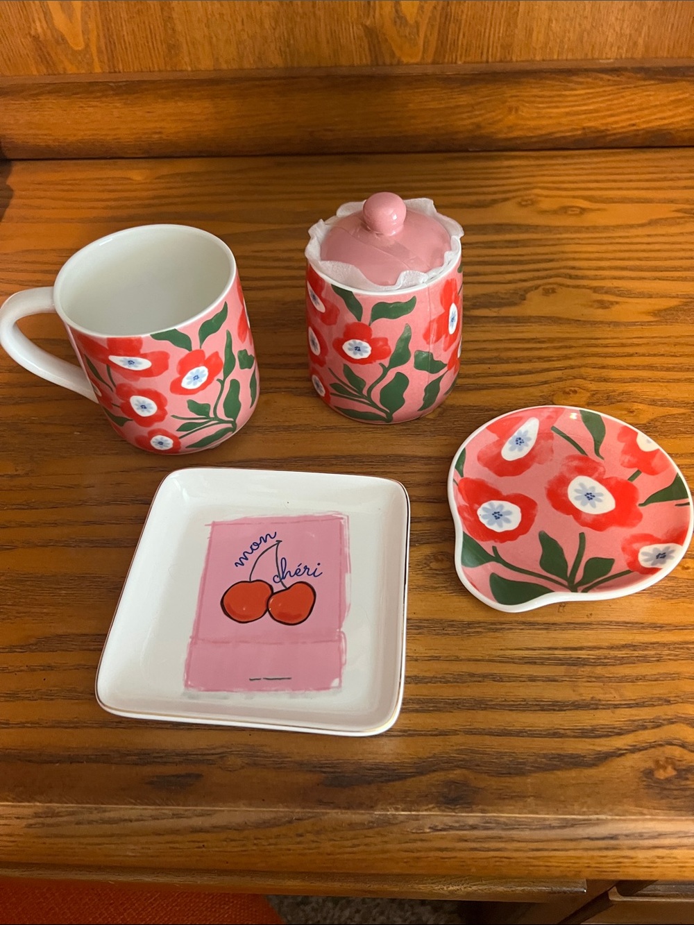 4pc Pink Floral Ceramic Home Art Set - Mug, Jar, Dishes